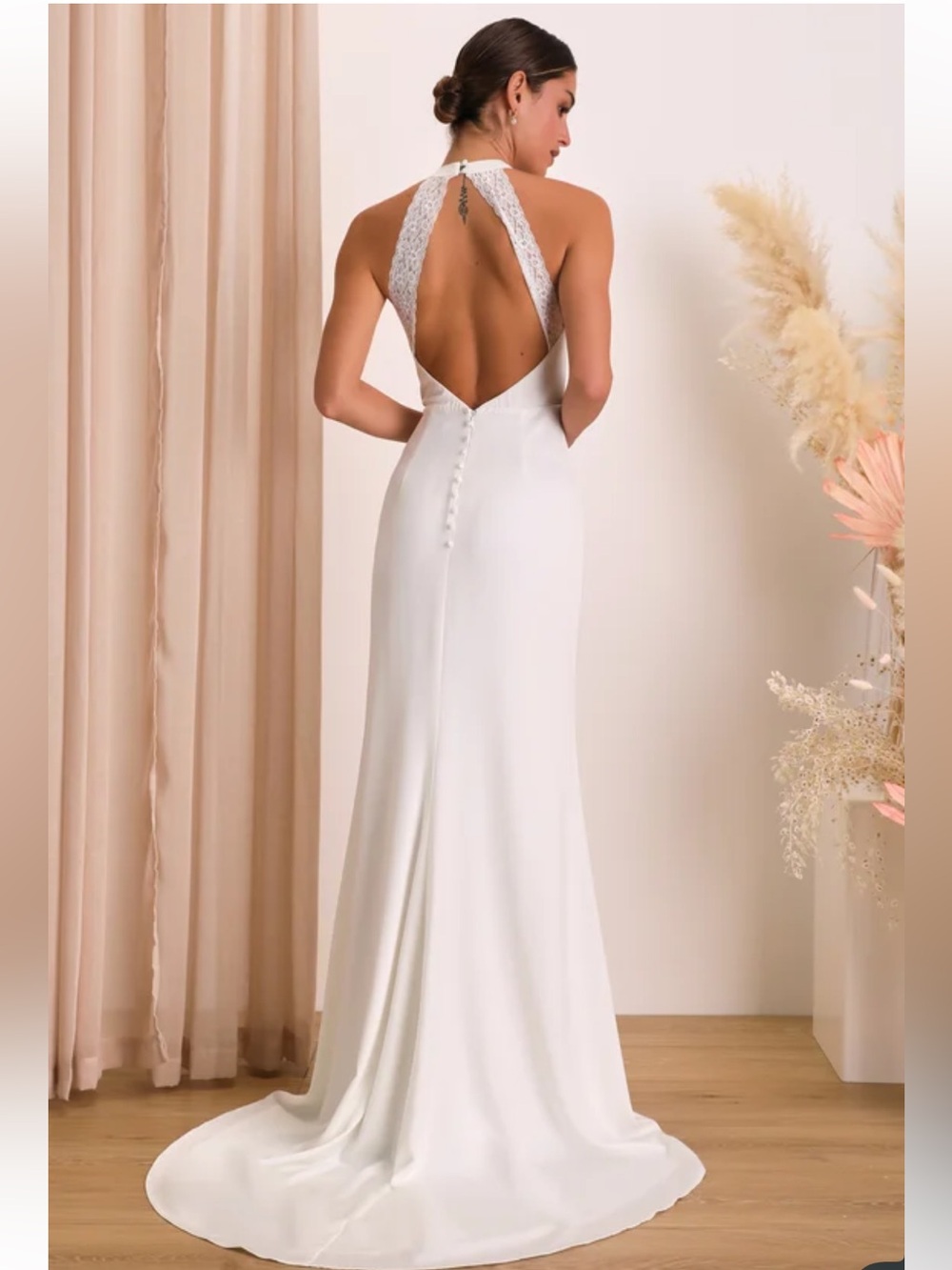 NWT Lulus Radiant Adoration White Satin Lace Backless Halter Maxi Dress